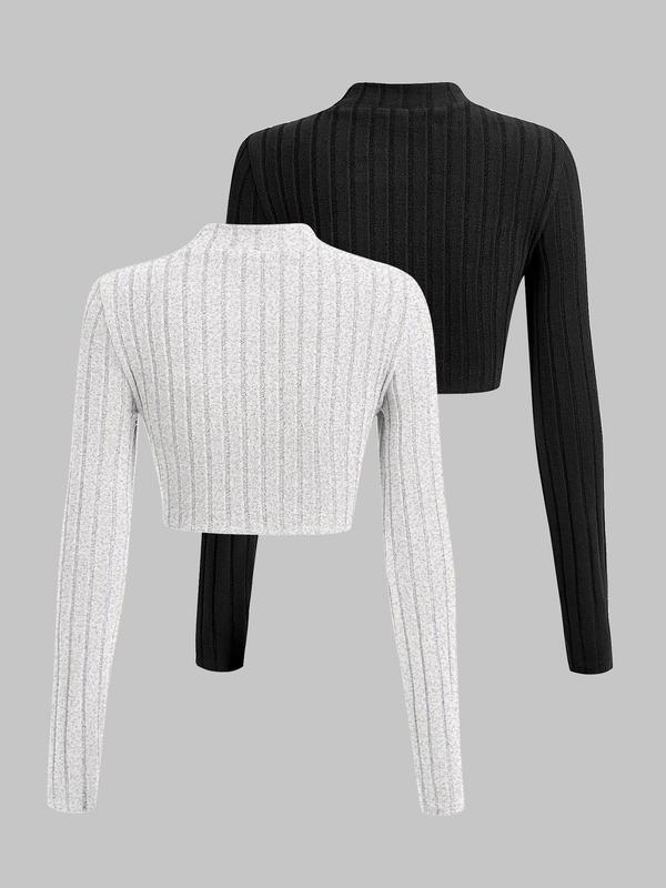 Women's Solid Cut Out Mock Neck Ribbed Tee, Casual Long Sleeve T-shirt for Daily Wear, Ladies Clothes for All Seasons