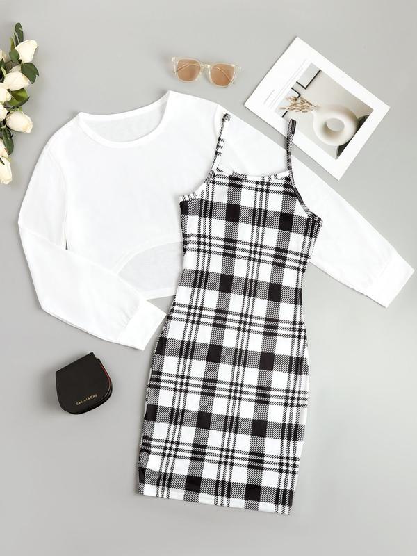 Two-Piece Set Women's Slim Fit Long Sleeve Cropped Top Sweatshirt & Plaid Cami Dress Matching Set without Necklace, Fall Outfits 2024, Fall Clothing Women, Back To School Clothes, Trendy Casual for Outdoor Streetwear School, Please Purchase A Size Up
