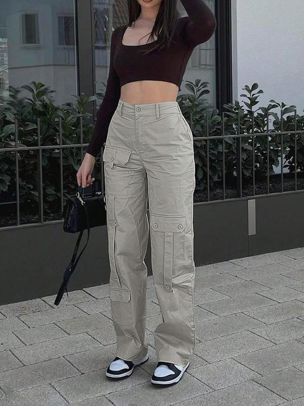 Women's Plain High Waist Flap Pocket Cargo Pants, Street Straight Leg Trousers, Pants for Women, Ladies Summer Bottoms for Daily Wear
