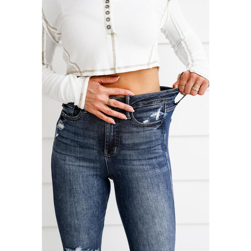 Judy Blue Shake it Off Dark Wash High Rise Tummy Control Destroyed Knee Raw Hem Flare Jeans