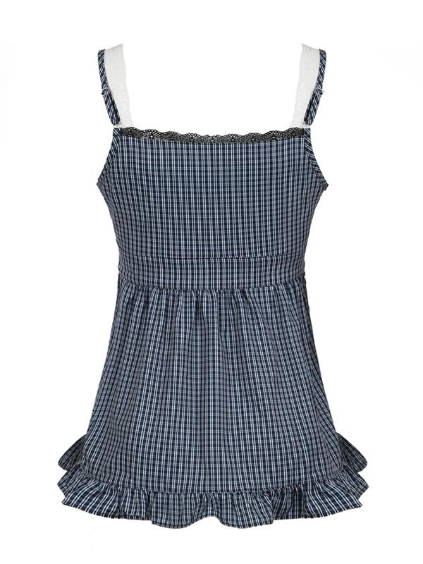 Women's Plaid Print Contrast Lace Fake Buttons Ruffle Hem Tank Top, Street Fashion Casual 2 in 1 Tank Top for Daily Outdoor Wear, Ladies Clothes for Summer
