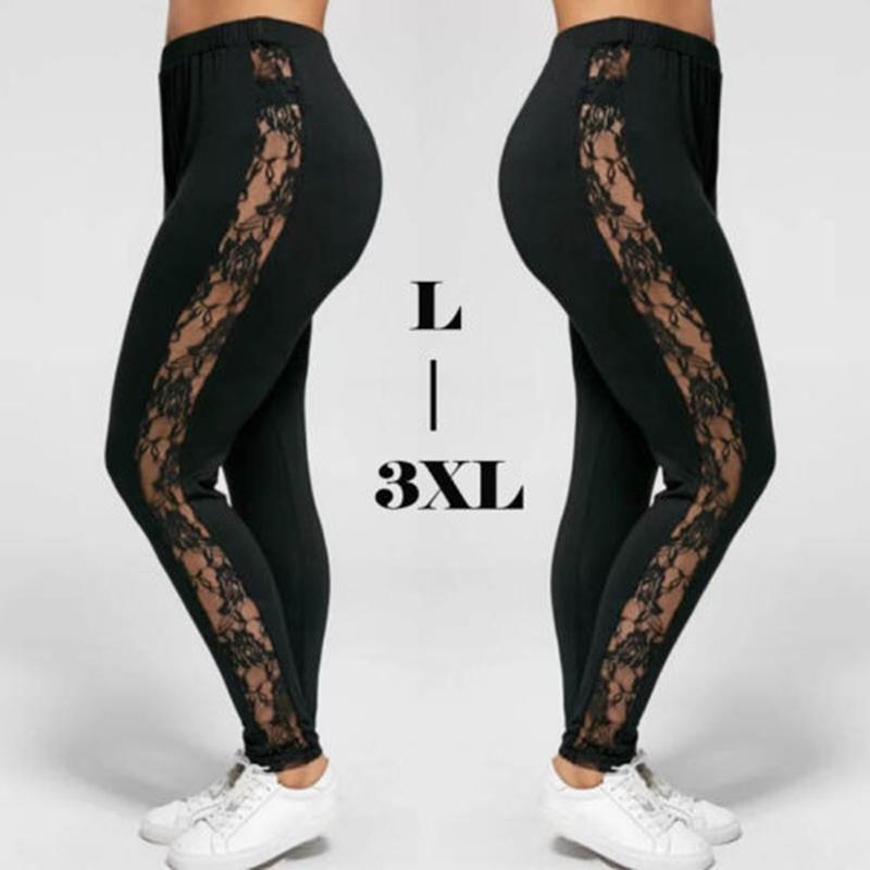 Women Ladies Girls Plus Size Female Holllow Off Lace Leggings, Sexy High Waist Bandage Pants Black Lace Splicing Bottoms for Indoor or Outdoor Sports