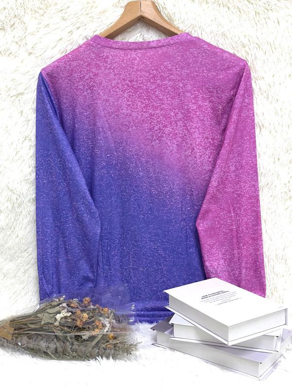  Cartoon Cat & Letter Print Round Neck Tee, Fashion Casual Ombre Crew Neck Long Sleeve T-Shirt for Daily Outdoor Wear, Women Plus Clothing for Spring & Fall