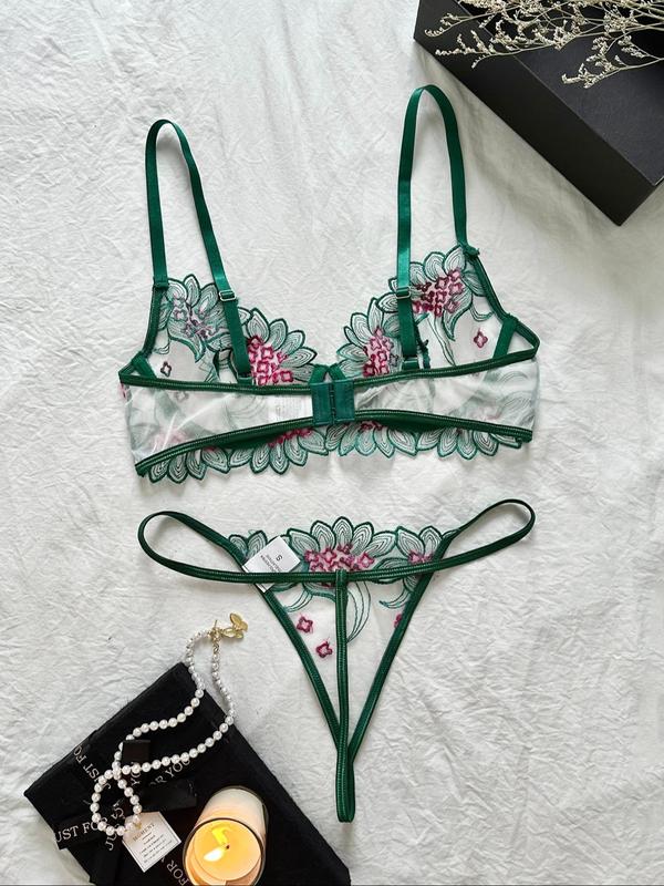 Women's Floral Embroidery Sheer Lace Bra & Thong  Sexy Lingerie Set, Adjustable Strap Push Up Bra & Panty, Lingerie Set for Women