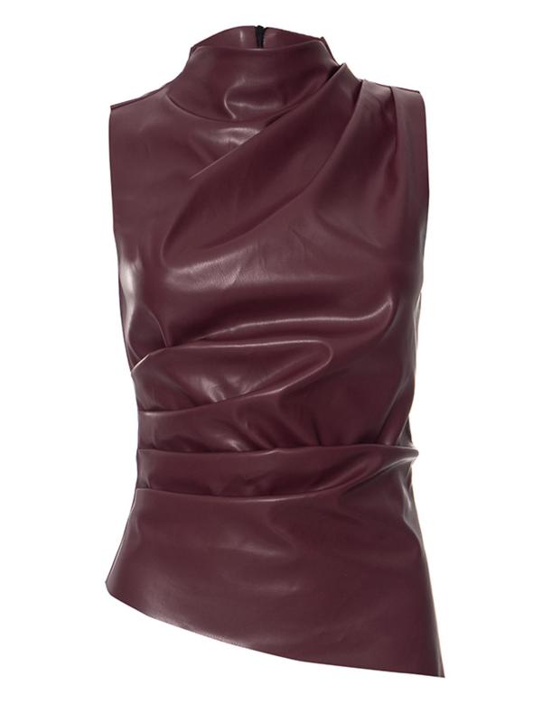 Women's Solid Ruched Mock Neck PU Leather Tank Top, Fashion Casual Asymmetrical Zipper Back Sleeveless Top for Daily Outdoor Wear, Women Clothing for Spring & Fall