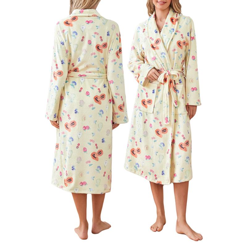 Ladies' warm bathrobe for Fall & Winter，Women Dressing Gown Flannel Robe,Floral Print Shawl Collar Bathrobe for Hotel Spa Party Kimono Robe with Belt，Comfort Casual