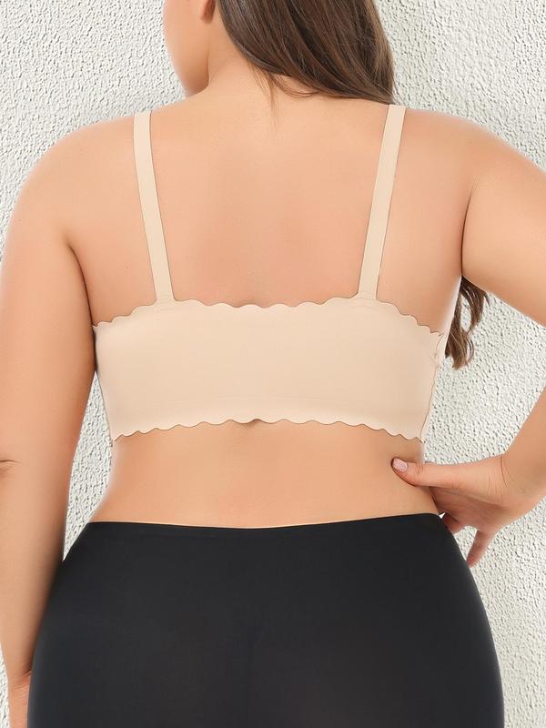 Plus Size Solid Scallop Trim Wireless Bra with Removable Pads Design, Adjustable Strap Push Up Bralette, Lingerie for Women, Women's Lingerie for All Seasons