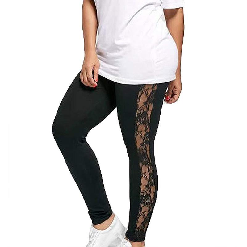 Women Ladies Girls Plus Size Female Holllow Off Lace Leggings, Sexy High Waist Bandage Pants Black Lace Splicing Bottoms for Indoor or Outdoor Sports
