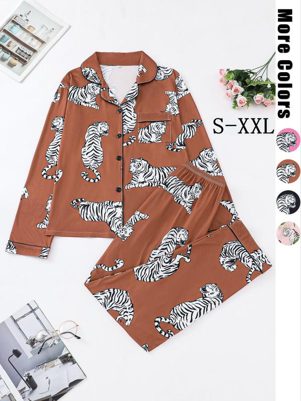 Women's All Over Tiger Print Lapel Pocket Blouse & Elastic Waist Pants Pyjama Two-Piece Set, Casual Comfy Long Sleeve Button Front Top & Trousers PJ Set, Ladies Sleepwear for Spring & Fall