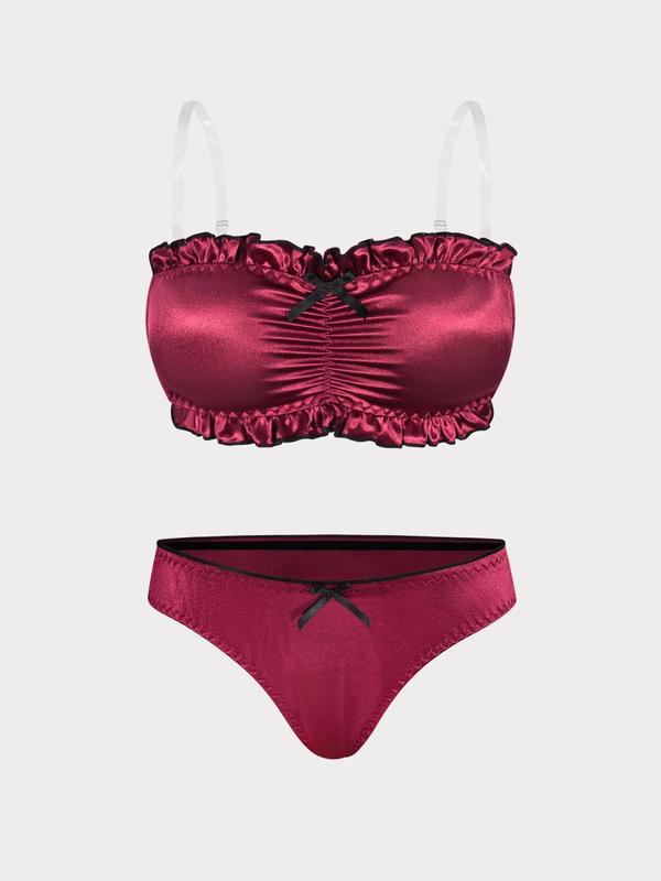 Women's Solid Color Ruched Bow Front Bandeau Bra & Elastic Waist Panty Set, Casual Comfy Breathable Underwear Set for Beach Party Vacation, Ladies Underwear for All Seasons