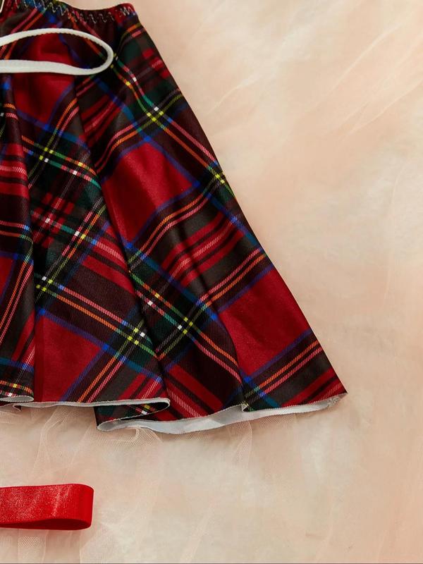  Tartan Print Crop Top & Thong & Bow Tie & Overall Dress & Thigh Ring Set, Sexy Adjustable Strap Lapel Neck Tie Front Lingerie Set, Women's Underwear Set