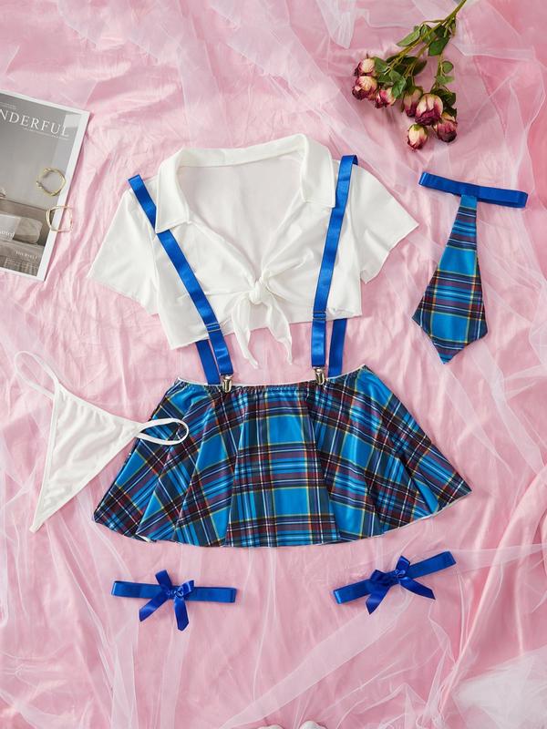  Tartan Print Crop Top & Thong & Bow Tie & Overall Dress & Thigh Ring Set, Sexy Adjustable Strap Lapel Neck Tie Front Lingerie Set, Women's Underwear Set