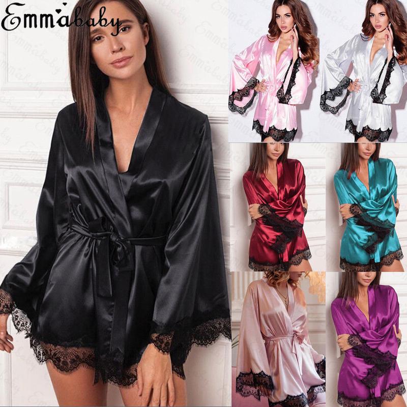 Women Flare Long Sleeve Nightgown with Waist Belt, Satin Silk Deep V-neck Sleeping Robe, Sexy Nightdress with Lace for Summer
