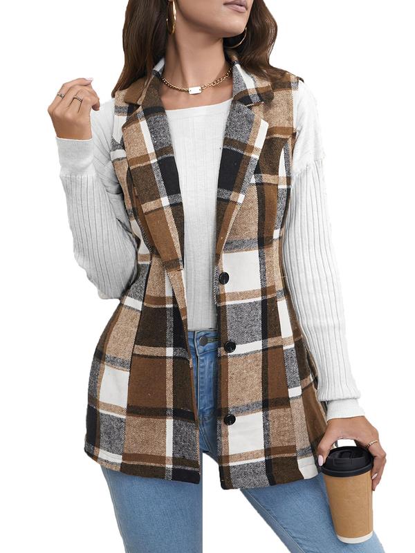 Women's Plaid Print Button Front Vest Blazer, Casual Pocket Lapel Sleeveless Outerwear for Spring & Fall, Ladies Clothes for Daily Wear