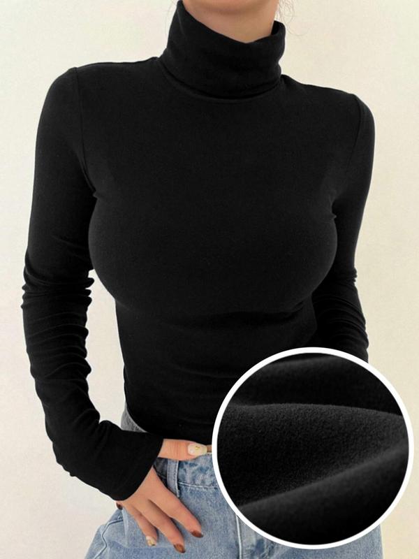 Women's Plain Thermal Lined High Neck Tee, Casual Long Sleeve T-shirt for Fall & Winter, Women's Clothing for Daily Wear