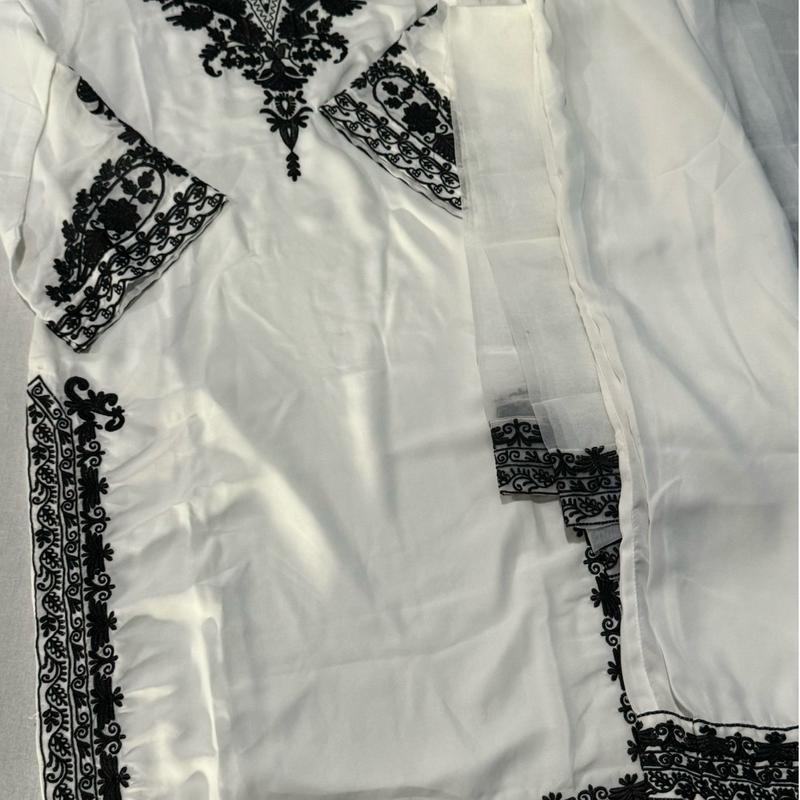 3 Piece White Chiffon Suit - Women’s Pakistani Desi Dress Fully Embroidered - Kameez, Pants, & Dupatta