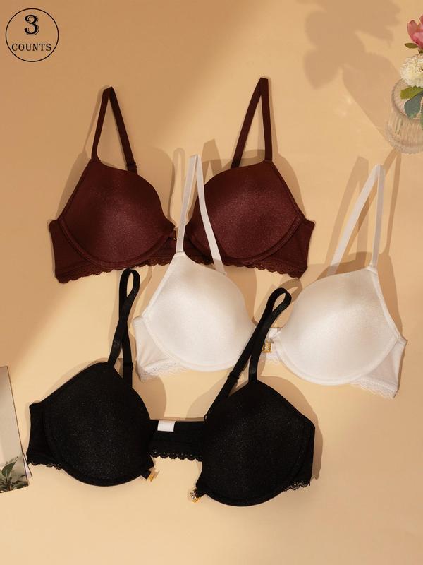 Women's Solid Color Contrast Lace Push Up Bra, Casual Comfortable Breathable Adjustable Strap Underwire Bra, Lingerie for All Seasons