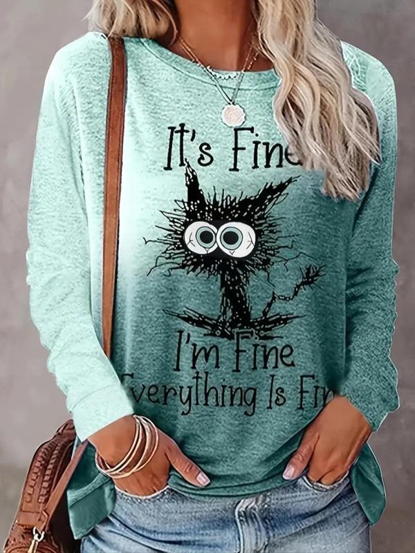  Cartoon Cat & Letter Print Round Neck Tee, Fashion Casual Ombre Crew Neck Long Sleeve T-Shirt for Daily Outdoor Wear, Women Plus Clothing for Spring & Fall