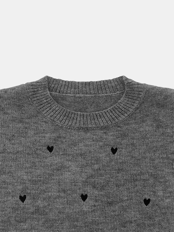 Women's Heart Embroidery Drop Shoulder Sweater, Casual Long Sleeve Round Neck Jumper for Fall & Winter, Fashion Ladies' Knitwear for Daily Wear