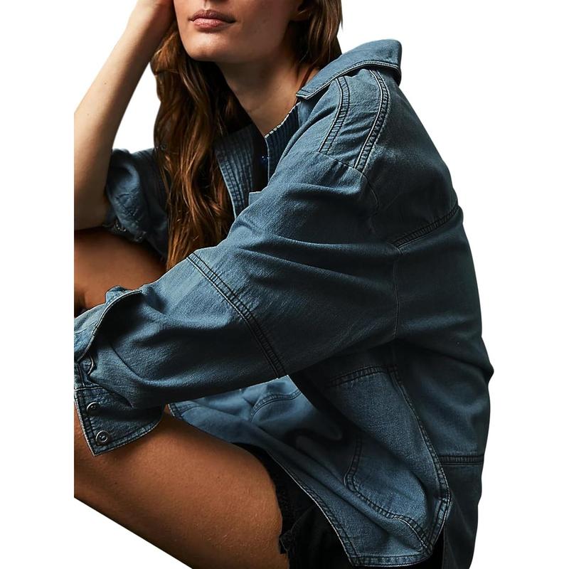 Fisoew S To 2XL Women's Denim Pullover Casual Button V Neck Blouse Loose Fit Long Sleeve Jean Jacket With Pocket Casual Long Sleeve Pocket Jacket