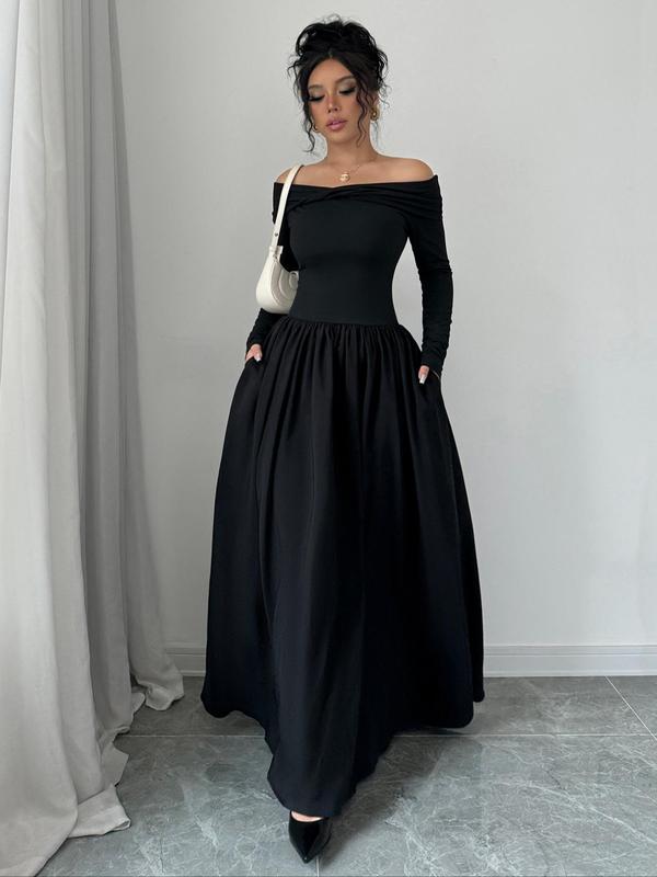 Women's Plain Off The Shoulder Pocket Dress, Elegant Formal Wear, Long Sleeve Long Dress for Party Wedding Guest, Ladies Fall & Winter Clothes