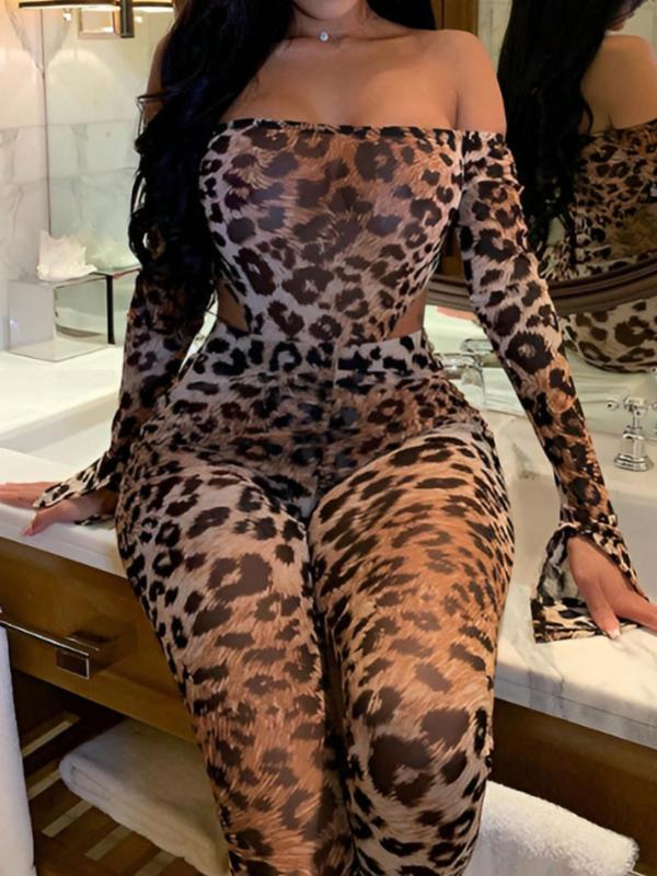 Two-piece Set Women's Leopard Print Off Shoulder Bodysuit & Skinny Pants, Fashion Casual Split Hem Flounce Sleeve Bodysuit & Trousers for Daily Outdoor Wear, Ladies Clothes for All Seasons