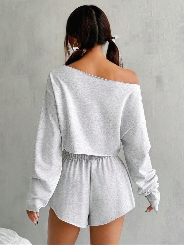 Two-Piece Set Women's Plain Drop Shoulder V Neck Crop Top & Elastic Waist Shorts, Casual Fashion Cozy Breathable Two Piece Outfits for Daily Wear, Ladies Clothes for All Seasons