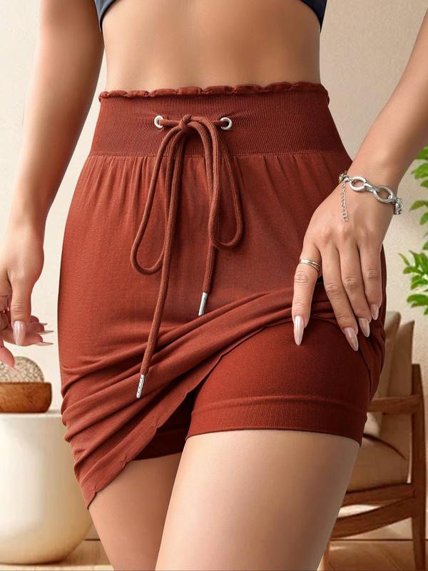 Women's Frill Trim Drawstring Waist Shapewear Skort, Casual Comfy High Waist 2 in 1 Shapewear Skirt for Daily Wear, Ladies Shapewear Bottoms for All Seasons