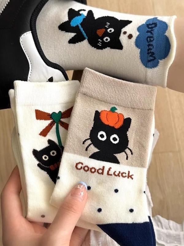 Women's Cartoon Cat Print Mid-calf Sock, 8 Pairs Casual Moisture Wicking Sock, Soft Comfy Breathable Sock for All Seasons Daily Wear