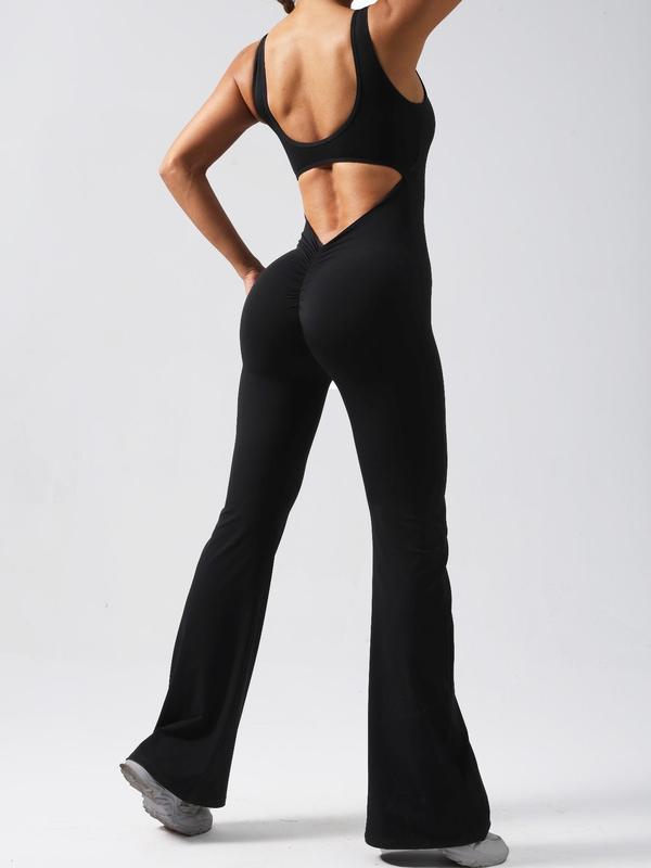 Women's Ruched Cut Out Backless Flare Leg Jumpsuit, Solid Scoop Neck Sleeveless Butt Lifting Bodycon Jumpsuit, Tummy Control Shaper for Daily Wear