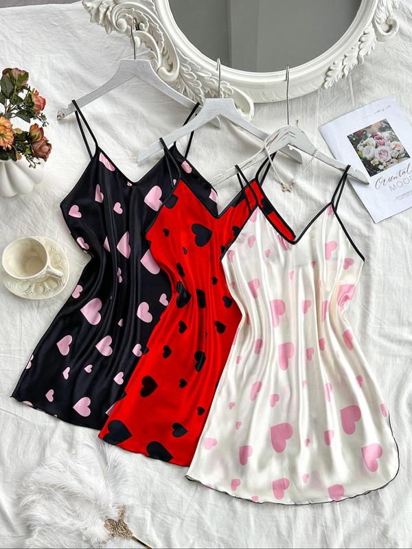 Women's Heart Print Contrast Binding Cami Nightdress, Casual Soft Comfortable Adjustable Spaghetti Strap Nightgown, Dresses for Women, Ladies Sleepwear for All Seasons