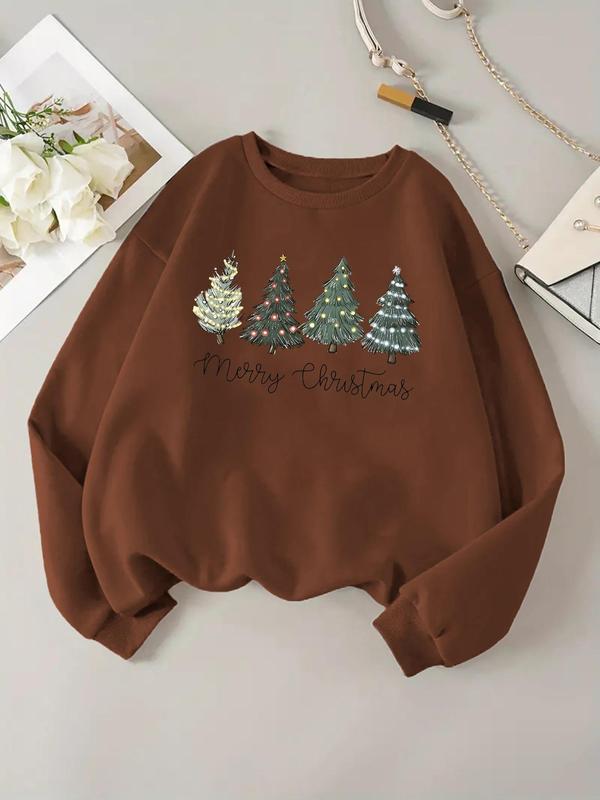 Women's Christmas Tree Print Crew Neck Sweatshirt, Casual Long Sleeve Pullover for Daily Wear, Ladies Clothes for All Seasons
