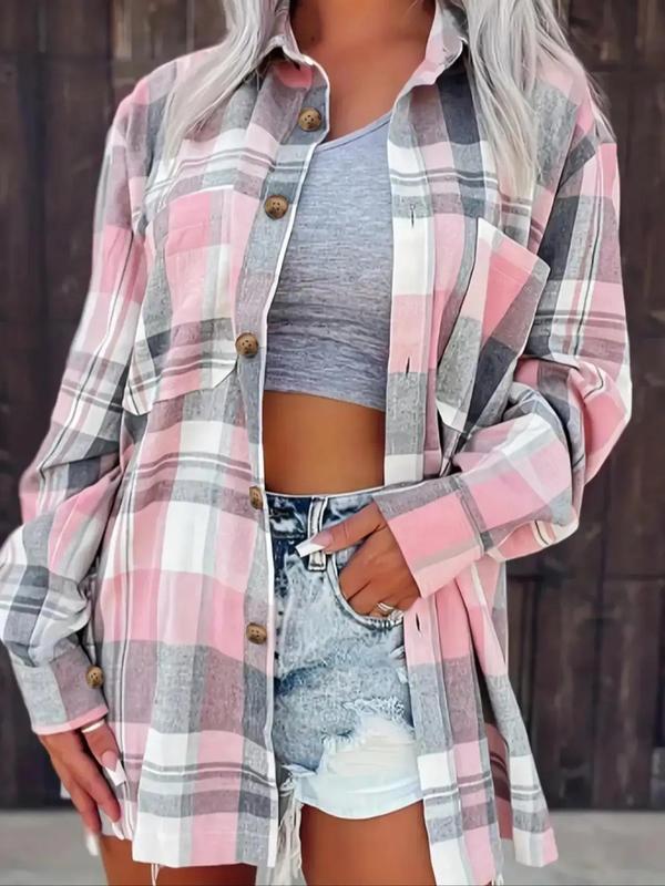 Women's Plaid Print Button Front Drop Shoulder Collared Shirt for Spring & Fall, Comfort Longsleeves Womenswear, Collar Pocket Top, Lady Blouse, Mean Girls Outfit Utah Girl Fits