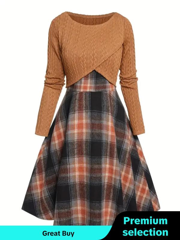 Women's Solid Wrap Hem Round Neck Textured Long Sleeve Crop Top & Plaid Print A-line Dress Suits Set, Preppy Fashion Comfort Skirt Set for Women's Clothing for Fall, Womenswear, Teacher Outfits 2024 Hoco Dresses
