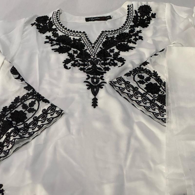 3 Piece White Chiffon Suit - Women’s Pakistani Desi Dress Fully Embroidered - Kameez, Pants, & Dupatta