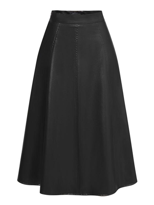 Women's Solid  Pu Leather Skirt, Fashion Casual A Line Midi Skirt for Daily Outdoor Wear, Women's Bottoms for Fall & Winter