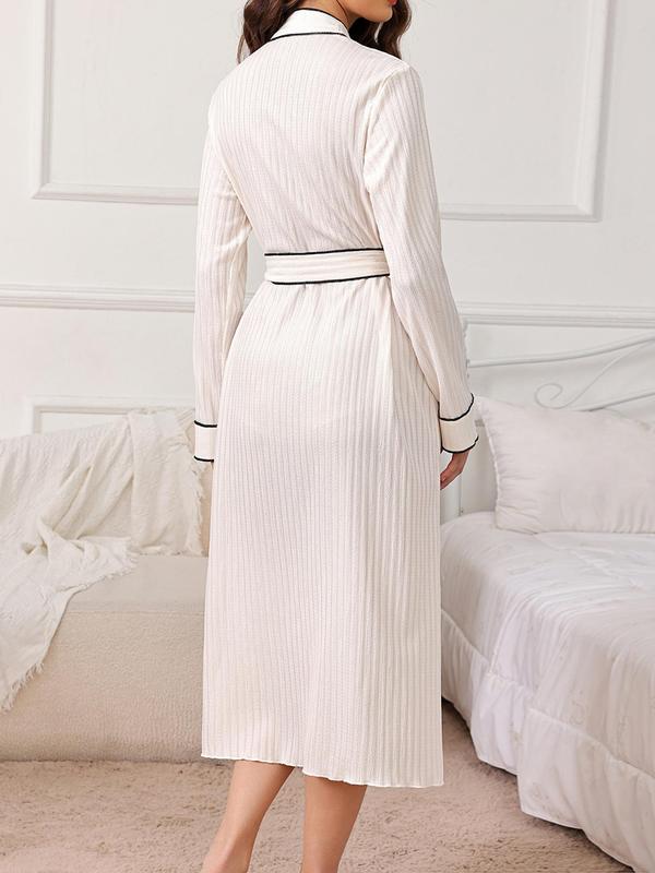 Women's Contrast Binding Belted Robe, Casual Comfy Long Sleeve Textured Dressing Gown, Ladies Sleepwear for All Seasons