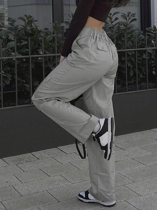 Women's Plain High Waist Flap Pocket Cargo Pants, Street Straight Leg Trousers, Pants for Women, Ladies Summer Bottoms for Daily Wear