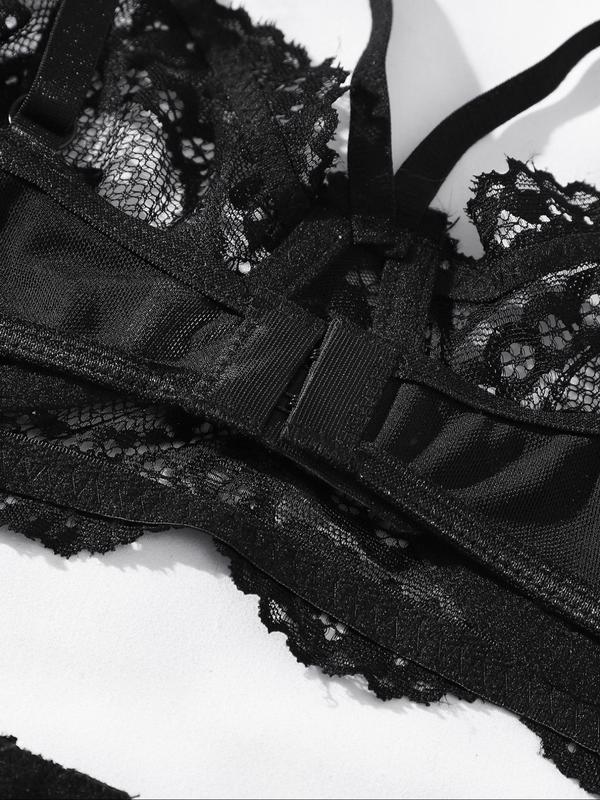 Women's Solid Color Sheer Lace Sexy Lingerie Three-piece Set, Push Up Bra & Garter Belt & Thong Set, Sexy Lingerie Set for Women