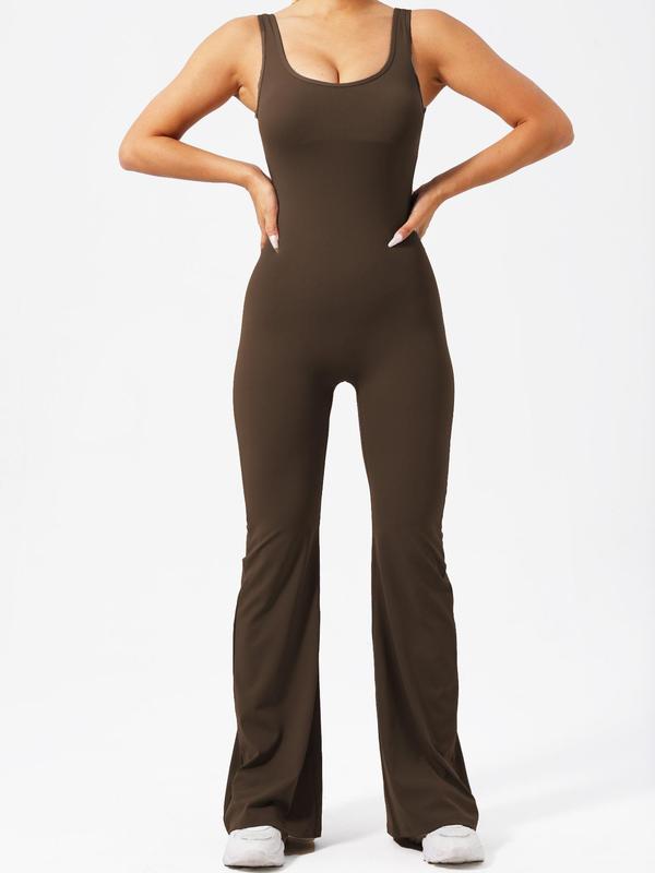 Women's Ruched Cut Out Backless Flare Leg Jumpsuit, Solid Scoop Neck Sleeveless Butt Lifting Bodycon Jumpsuit, Tummy Control Shaper for Daily Wear