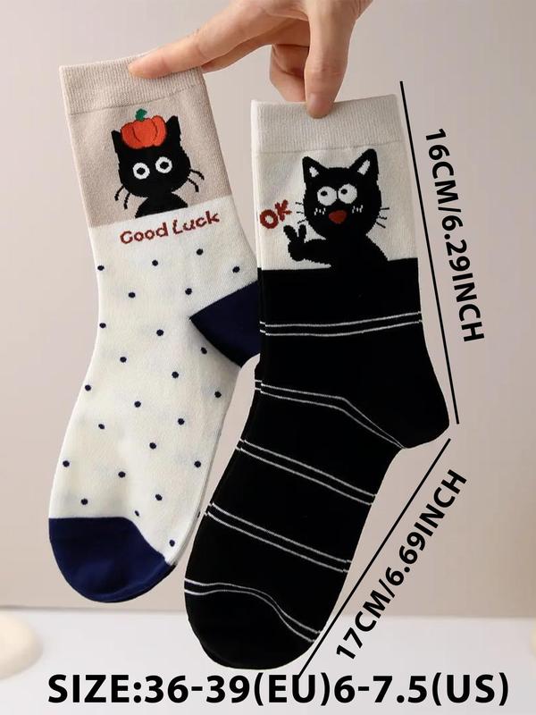 Women's Cartoon Cat Print Mid-calf Sock, 8 Pairs Casual Moisture Wicking Sock, Soft Comfy Breathable Sock for All Seasons Daily Wear