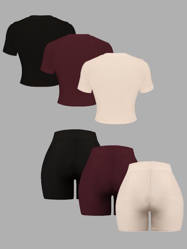 Women's Solid Round Neck Tee & High Waist Shorts Ribbed Set, Casual Short Sleeve T-shirt & Skinny Track Short Sets Outfits, 2 Piece Sets Women,  Summer Outfits 2024 Sets