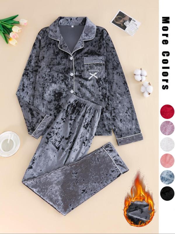 Two-Piece Set Women's Solid Button Front Lapel Shirt & Pants Velvet Pyjama, Long Sleeve Pocket Top & Trousers Set, Women's Sleepwear for Winter