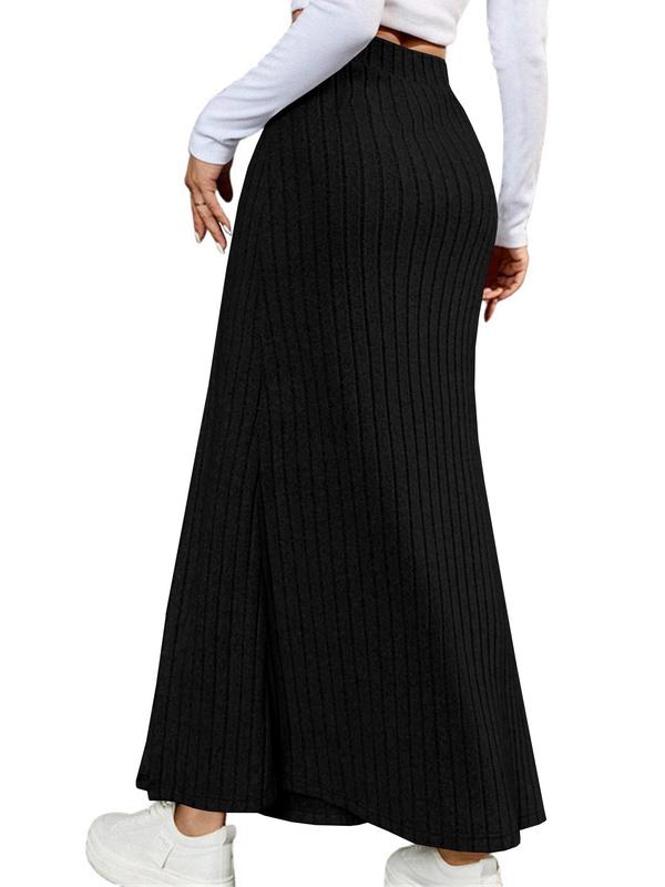 Women's Plain Split Thigh Button Decor Ribbed Bodycon Skirt, Casual High Waist Long Skirt for Daily Wear, Ladies Bottoms for All Seasons