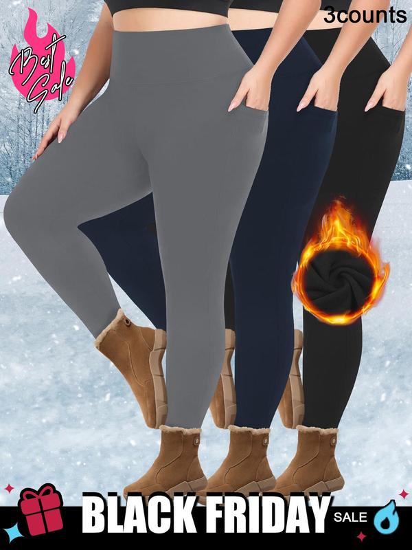 Womenswear Solid Thermal Lined High Waist Leggings, Comfort Legging Pants, Comfy Warm Pocket Skinny Pants for Fall & Winter, Plus Size Leggings, Women's Bottoms for Daily Wear