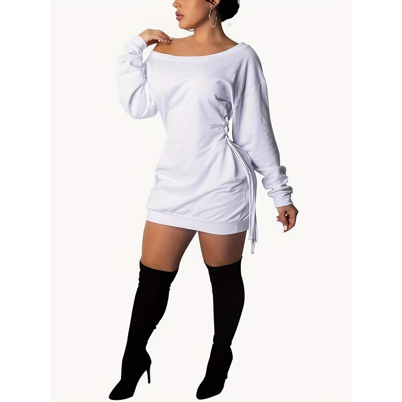 Off-Shoulder Drawstring Mini Dress, Long Sleeve Casual Women's Dress