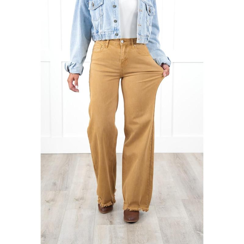 Risen High Rise Khaki Distressed Hem Wide Leg Jeans
