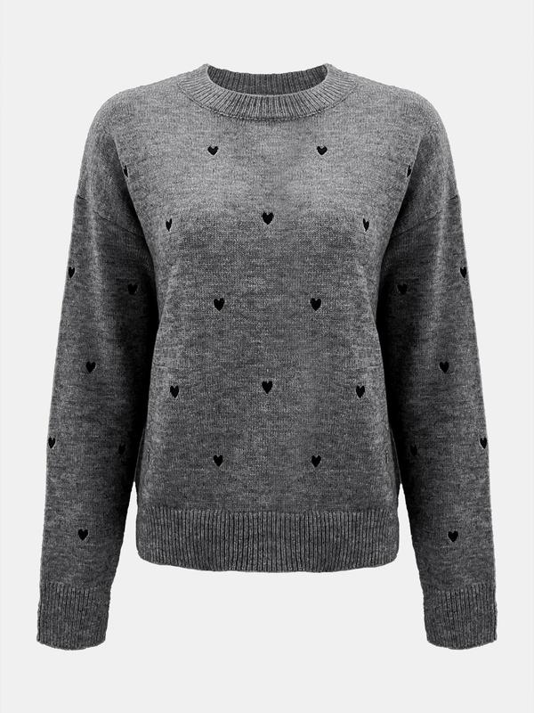 Women's Heart Embroidery Drop Shoulder Sweater, Casual Long Sleeve Round Neck Jumper for Fall & Winter, Fashion Ladies' Knitwear for Daily Wear