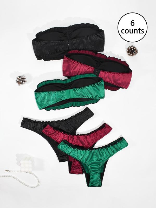 Women's Solid Color Ruched Bow Front Bandeau Bra & Elastic Waist Panty Set, Casual Comfy Breathable Underwear Set for Beach Party Vacation, Ladies Underwear for All Seasons
