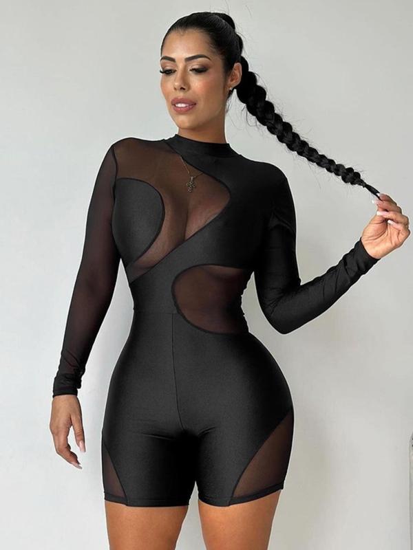 Women's Contrast Mesh Sheer Mock Neck Skinny Romper, Fashion Long Sleeve Tulle Romper for Daily Wear, Ladies Clothes for All Seasons